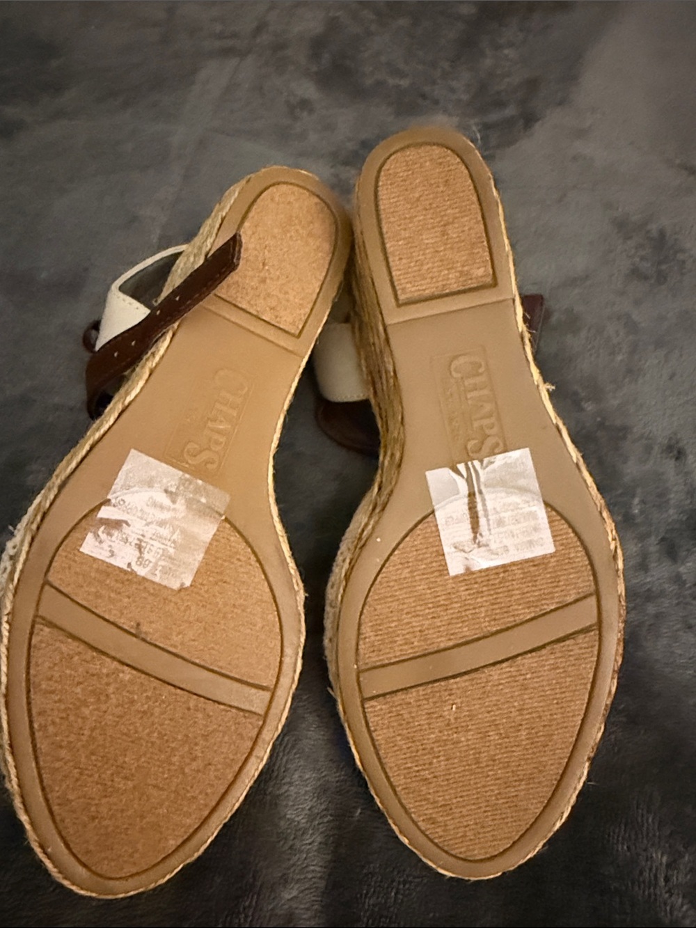 Chaps Cream Crochet Espadrille Wedges with Brown Ankle Strap - Picture 3 of 6